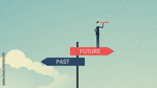 past and future concept, Business alternative , past, and future. Businessmen confidently choose to move forward to the future photo
