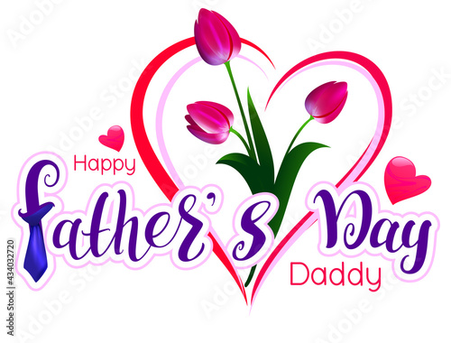 Happy Fathers day daddy text lettering greeting card template. Red tulip bouquet gift