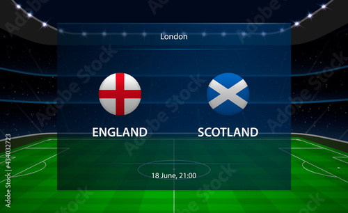 England vs Scotland football scoreboard. Broadcast graphic socce