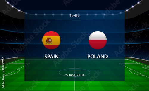 Spain vs Poland football scoreboard. Broadcast graphic soccer