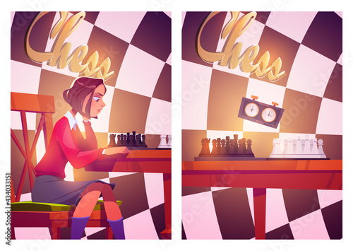 Chess posters with girl plays board game with pieces and clock. Vector flyers with cartoon illustration of woman player sitting at table with chessboard and timer on checkered background