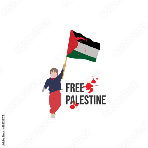FREE PALESTINE. Boy holding Palestine flag.Palestine war.Freedom for Palestine wallpaper, banner vector illustration. Save Palestine. Words made with blood. We stand with Palestine vector.