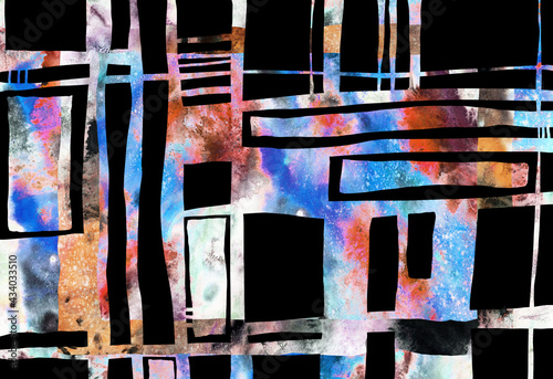 Abstract stripy artistic background with creative geometric shapes stripes, lines and shabby brush strokes effect.