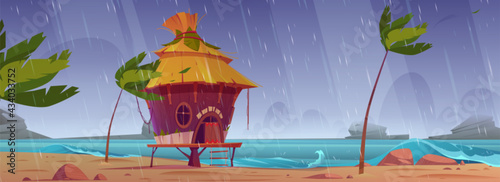 Storm on beach with hut or bungalow under rain, summer shack on tropical island seaside with ragging ocean waves and palm tree swing in the wind. Tropical shower landscape, Cartoon vector illustration