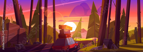 Road trip by car at summer vacation, holidays travel on automobile with bags on roof going at highway in forest with trees at dusk. Family camping leisure, nature journey, cartoon vector illustration