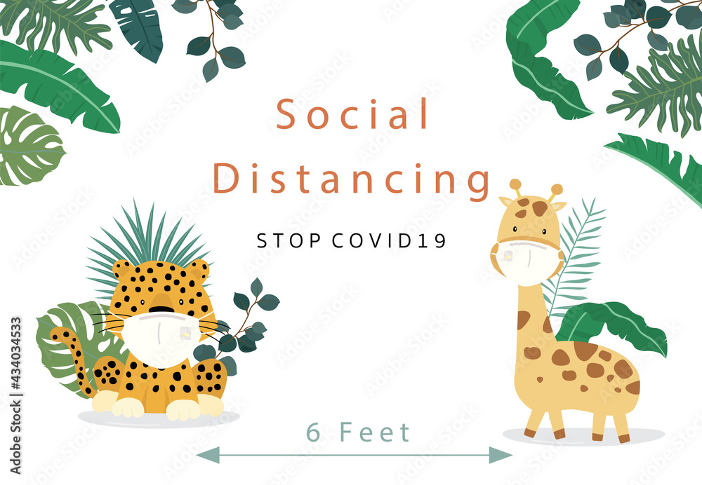 Fototapeta premium Cute animal social ditancing collection with giraffe,leopard is wearing mask.Vector illustration for prevention the spread of bacteria,coronviruses