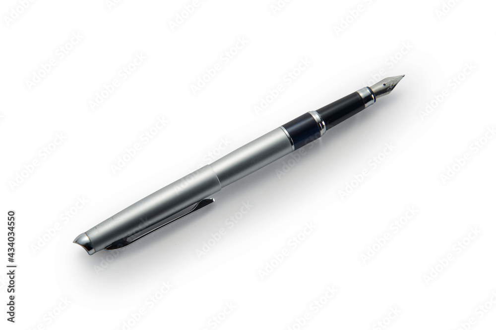 silver fountain pen and white background. silver fountain pen and white background.