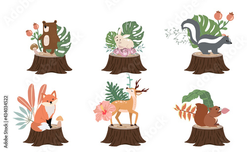 Cute woodland object collection with skunk,bear,fox,deer,stump and leaves.Vector illustration for icon,sticker,printable