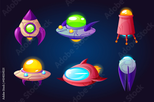 Alien space ships, ufo rockets, fantasy bizarre shuttles, computer game graphic design elements, cosmic collection of funny spaceships isolated on blue background, Cartoon vector illustration set