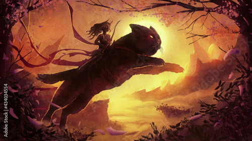 A hunter girl with demonic horns runs astride a huge fluffy cat that jumps over a canyon lit by a beautiful, setting sun against the background of magical mountains in the fog. 2d illustration