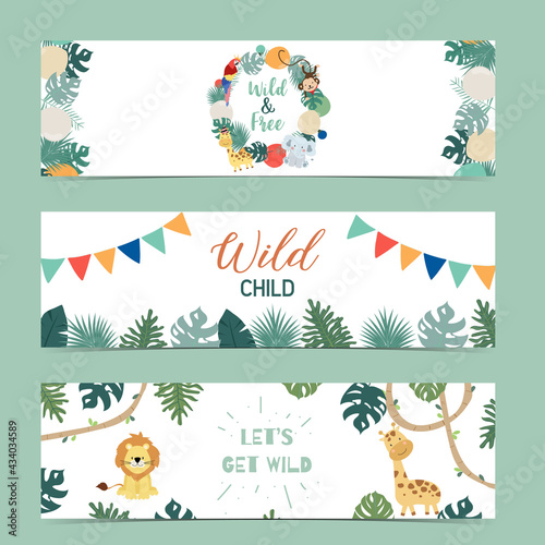 Set of cute safari with giraffe,lion,monkey.Vector illustration for baby invitation, kid birthday invitation,banner and postcard
