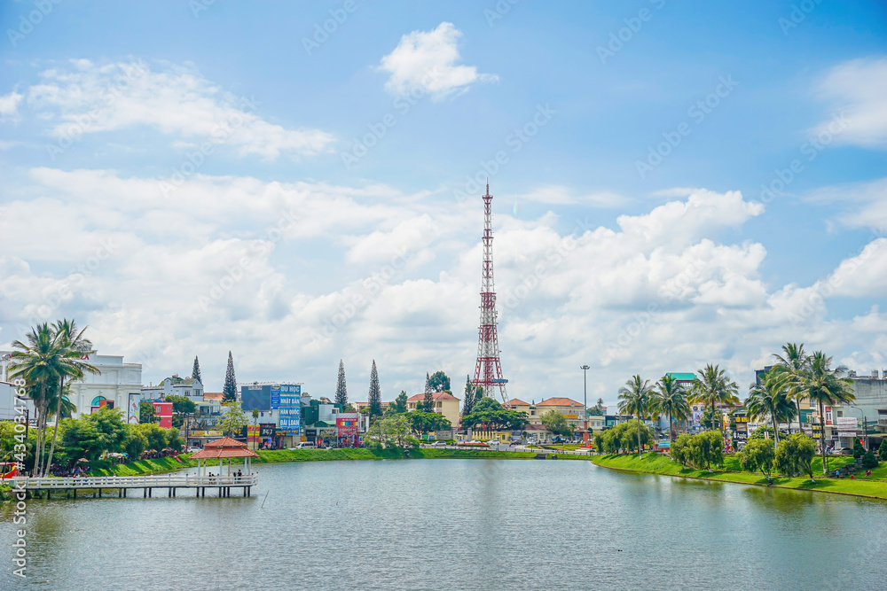 view of small Dong Nai lake - a central lake in Bao Loc city, Lam Dong province, Vietnam. It is a nice beside big TV tower.