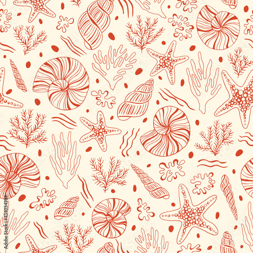 Hand-Drawn Sea Shells, Fossils, Starfish, Corals, Seaweeds, Waves Outline Vector Seamless Pattern. Summer Beach Seaside Print. Ocean Fashion Textile Red, White Background. Seashore Elements Texture