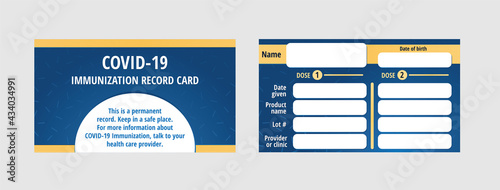 Covid-19 immunization record card or covid vaccine proof. Business card size plain coronavirus vaccination proof. Blank fields to fill in: vaccine name, first and second date, clinic and name.