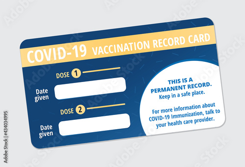 Covid-19 vaccination record card, coronavirus vaccination proof or covid immunization certificate. Pocket size to fit wallet. Blank fields to fill in date for first and second vaccination.