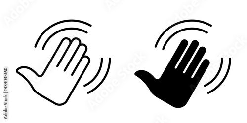 Flat sign of greeting or goodbye. Human waving palm icon with swing lines. Vector elements