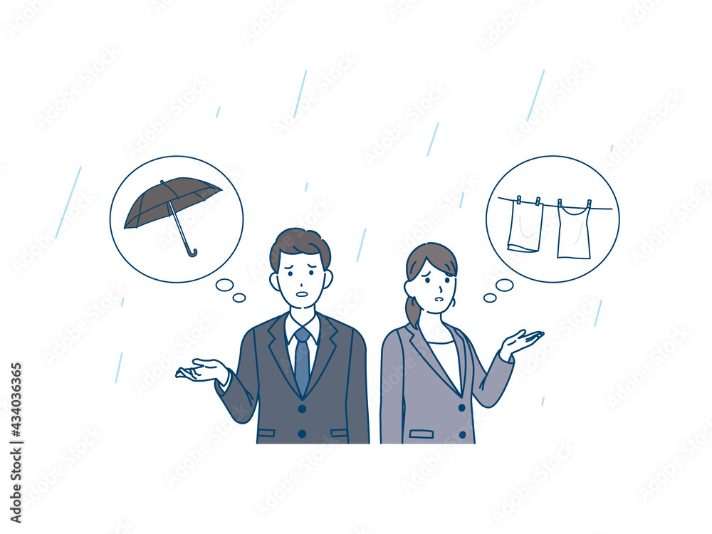 雨が降る 傘を忘れる 洗濯物干しっぱなし 困る スーツ姿の男女 会社員 イラスト素材 Stock Vector Adobe Stock