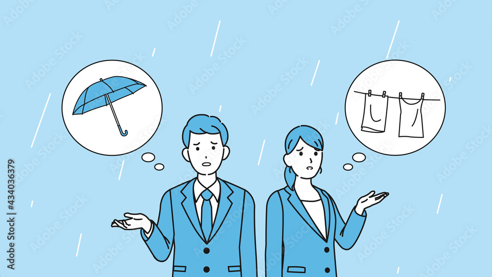 雨が降る 傘を忘れる 洗濯物干しっぱなし 困る スーツ姿の男女 会社員 イラスト素材 Stock Vector Adobe Stock