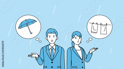 雨が降る　傘を忘れる　洗濯物干しっぱなし　困る　スーツ姿の男女　会社員　イラスト素材