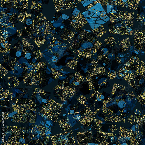 Dark blue seamless pattern with gold elements. Abstract vector background for web page, banners backdrop, fabric, home decor, wrapping