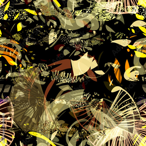 Golden seamless pattern with different shapes. Floral effect. Abstract vector background for web page, banners backdrop, fabric, home decor, wrapping