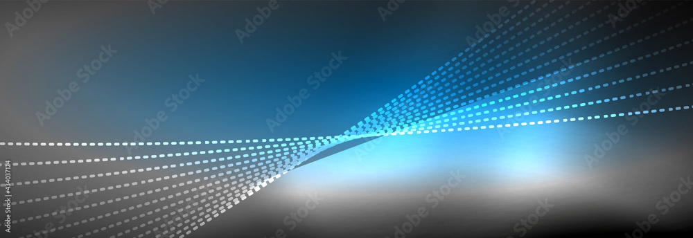 Neon shiny color background with light glowing wave line particles. Wallpaper background, design templates for business or technology presentations, internet posters or web brochure covers