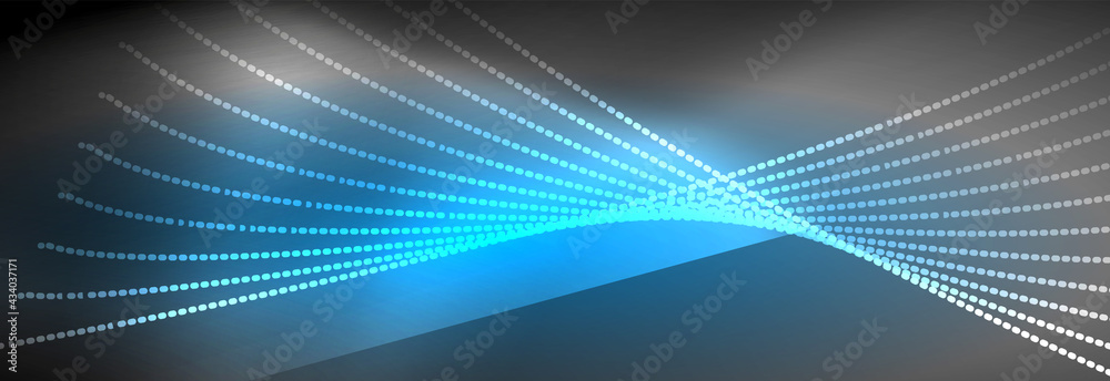 Neon shiny color background with light glowing wave line particles. Wallpaper background, design templates for business or technology presentations, internet posters or web brochure covers Neon shiny color background with light glowing wave line particles. Wallpaper background, design templates for business or technology presentations, internet posters or web brochure covers
