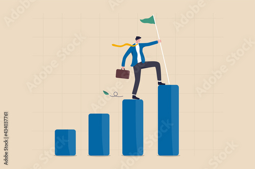 Achievement or business success, reaching goal or target, challenge and career growth concept, success businessman climbing growth bar graph to the top to stab down winning flag.