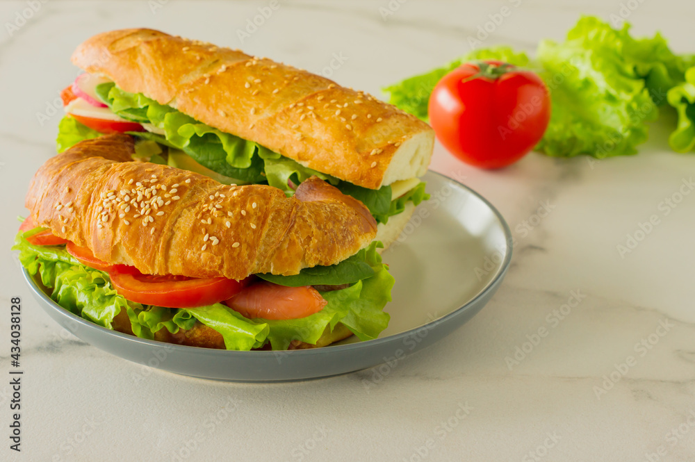 whole grain long baguette vegan sandwich with lettuce, avocado, tomato and cheese. Healthy snack and food to go whole grain long baguette vegan sandwich with lettuce, avocado, tomato and cheese. Healthy snack and food to go