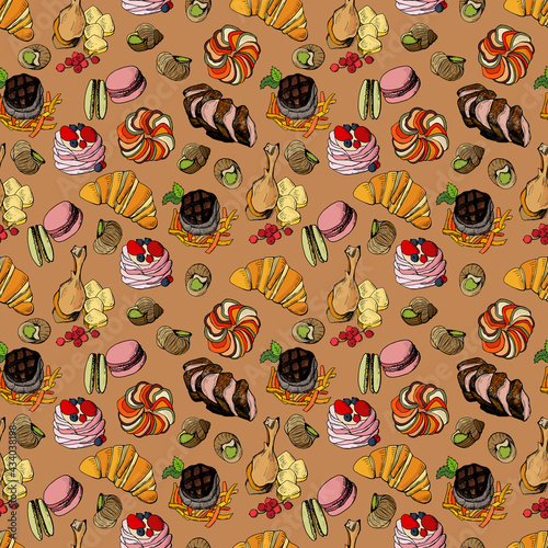 Seamless pattern with French cuisine dishes. Design for cafes, fabrics, textiles, wallpapers, packaging.	