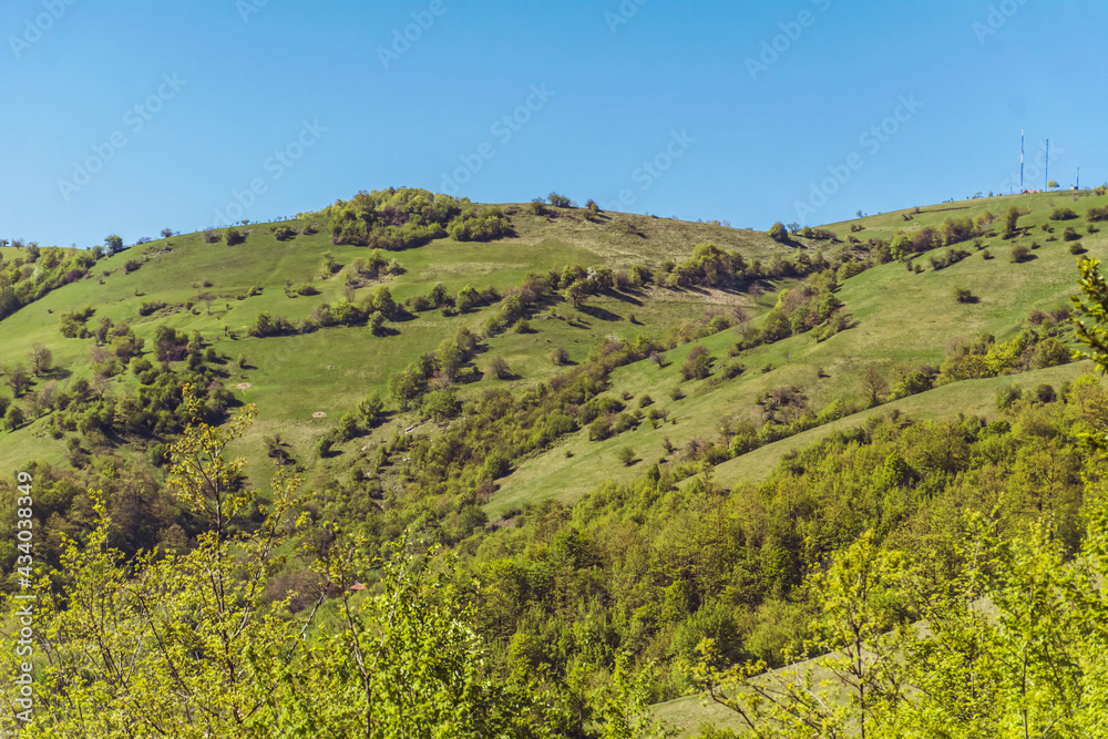 Beautiful Summer Mountain Landscape with Green Meadows and Hills  .Babintsi Village in Teteven,Bulgaria 