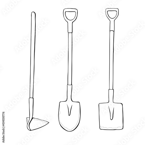 Vector black outline of garden shovel, spade, hoe. Tools for working on the farm, in the dacha, country site in the doodle style. Hand-drawn isolated illustration