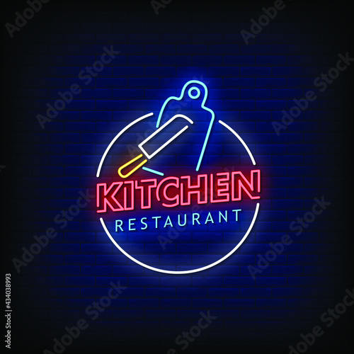 Kitchen Restaurant Logo Neon Signs Style Text Vector
