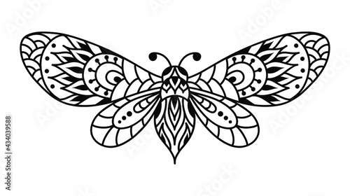 butterfly mandala. Vector silhouette illustration. Monochrome zentangle moth. Linear art symbol. Vintage insect.