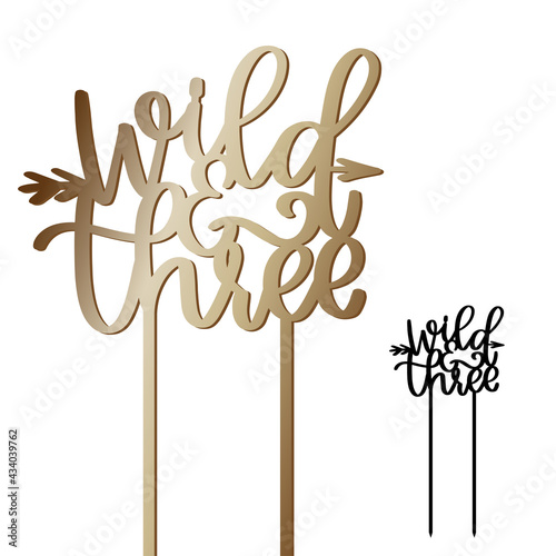 The third birthday cake topper with Wild & Three calligraphy words and arrow on a stick. Vector design for baby party decoration. Calligraphy sign for laser cutting. 