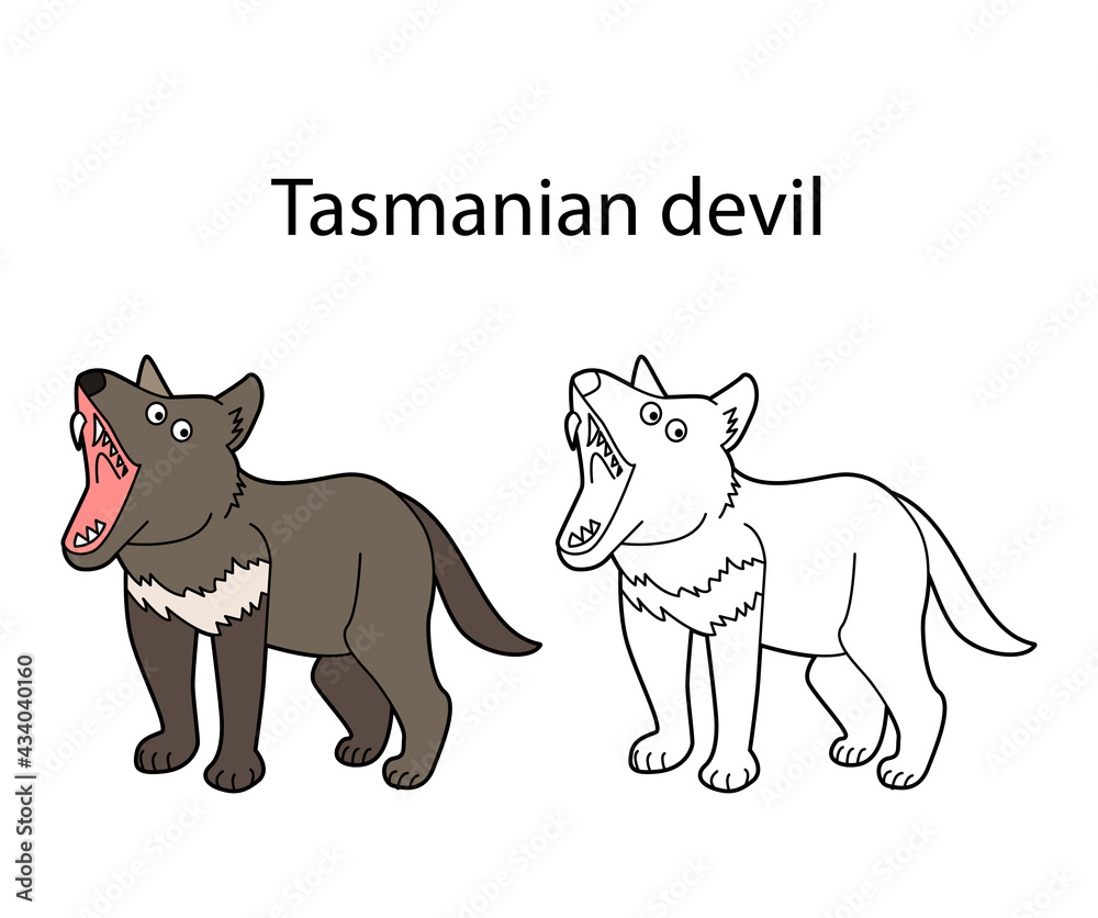 Funny cute animal tasmanian devil isolated on white background. Linear, contour, black and white and colored version. Illustration can be used for coloring book and pictures for children