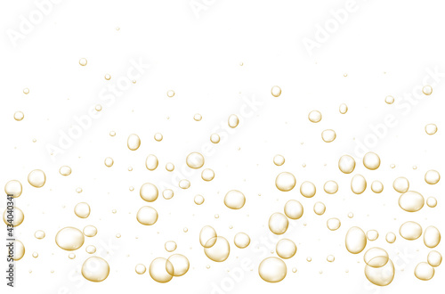 Gold fizzy bubbles. Sparkles champagne. Fizzy pop and effervescent drink. Abstract fresh soda and air bubbles, oxygen, champagne crystal. Vector illustration on black transparent background.