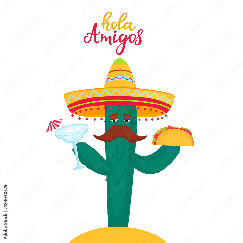 Funny cactus in sombrero holds a cocktail and tacos. Local mexican food Funny cactus in sombrero holds a cocktail and tacos. Local mexican food