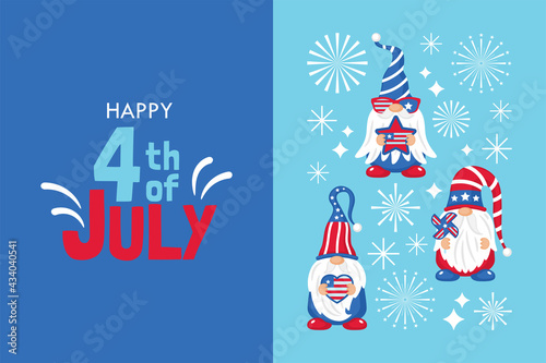 4th of july USA Independence day banner design with cute gnome character. Template for cards, posters and party invitations.