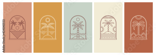 Abstract design summer logo template with palm trees. Modern minimal linear badge and emblem set for social media, vacations rentals and travel services.