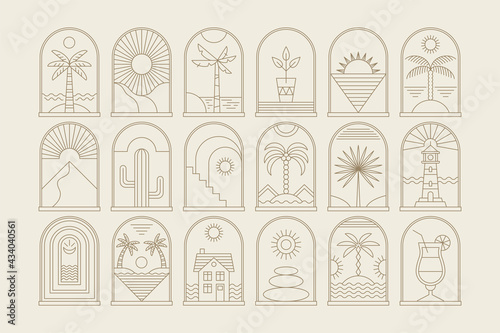 Abstract design summer logo template with palm tree and sea beach. Modern minimal linear badge and emblem set for social media, vacations rentals and travel services.