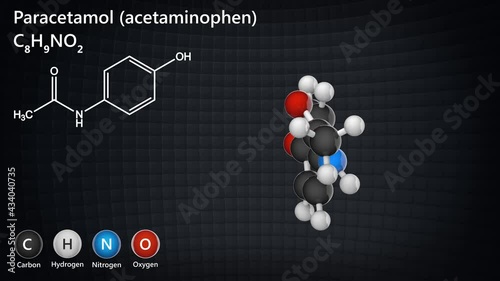 Molecular structure of paracetamol (acetaminophen), medication used to treat pain and fever. C8H9NO2. 3D render. Seamless loop. Chemical structure model: Ball and Stick.