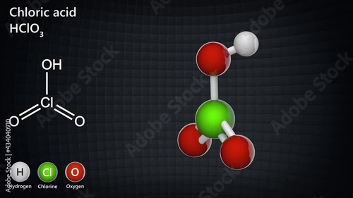 Chloric acid (Chloric(V) acid), HClO3, is an oxoacid of chlorine, and the formal precursor of chlorate salts. 3D render. Seamless loop. Chemical structure model: Ball and Stick. photo