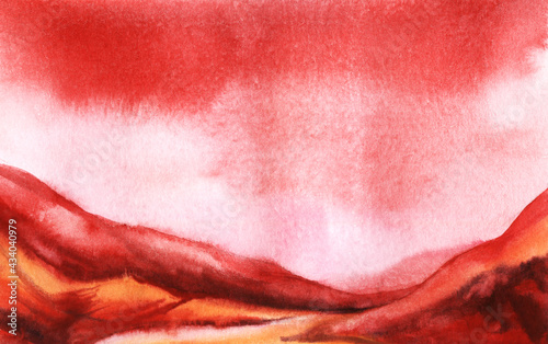 Fantastic scarlet watercolor view. Red valley with blurry dunes beneath crimson futuristic sky gradienting to pink. Hand drawn illustration of Martian landscape photo