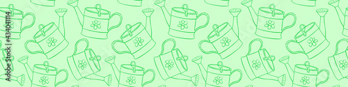 Seamless pattern with watering cans. Hand drawn outline vector background and texture in doodle style, isolated. Gardening tools for working in the garden, on the farm, in the dacha, country site