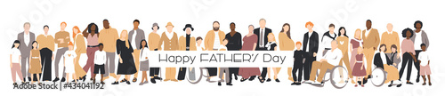 Happy Father's Day card. Multicultural group of mothers and fathers with kids. Flat vector illustration.