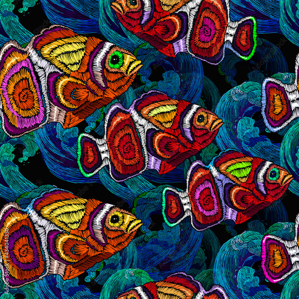 Fish clown. Embroidery sea life. Tropical fishes and water wave, seamless pattern. Underwater background. Fashion template for clothes, textiles and t-shirt