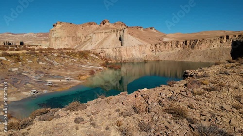 Band-e Amir Lake - Panorama Of Blue Lake With Mountain View At Band-e Amir National Park In Bamyan, Afghanistan. - aerial, reveal photo