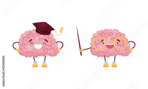 Cartoon Brain Character Wearing Graduation Cap and Holding Pointer Vector Set