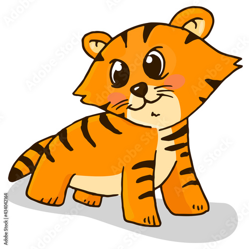 Ginger little kitten. Adorable tiger cub vector illustration. Tiger cute doodle hand drawn.